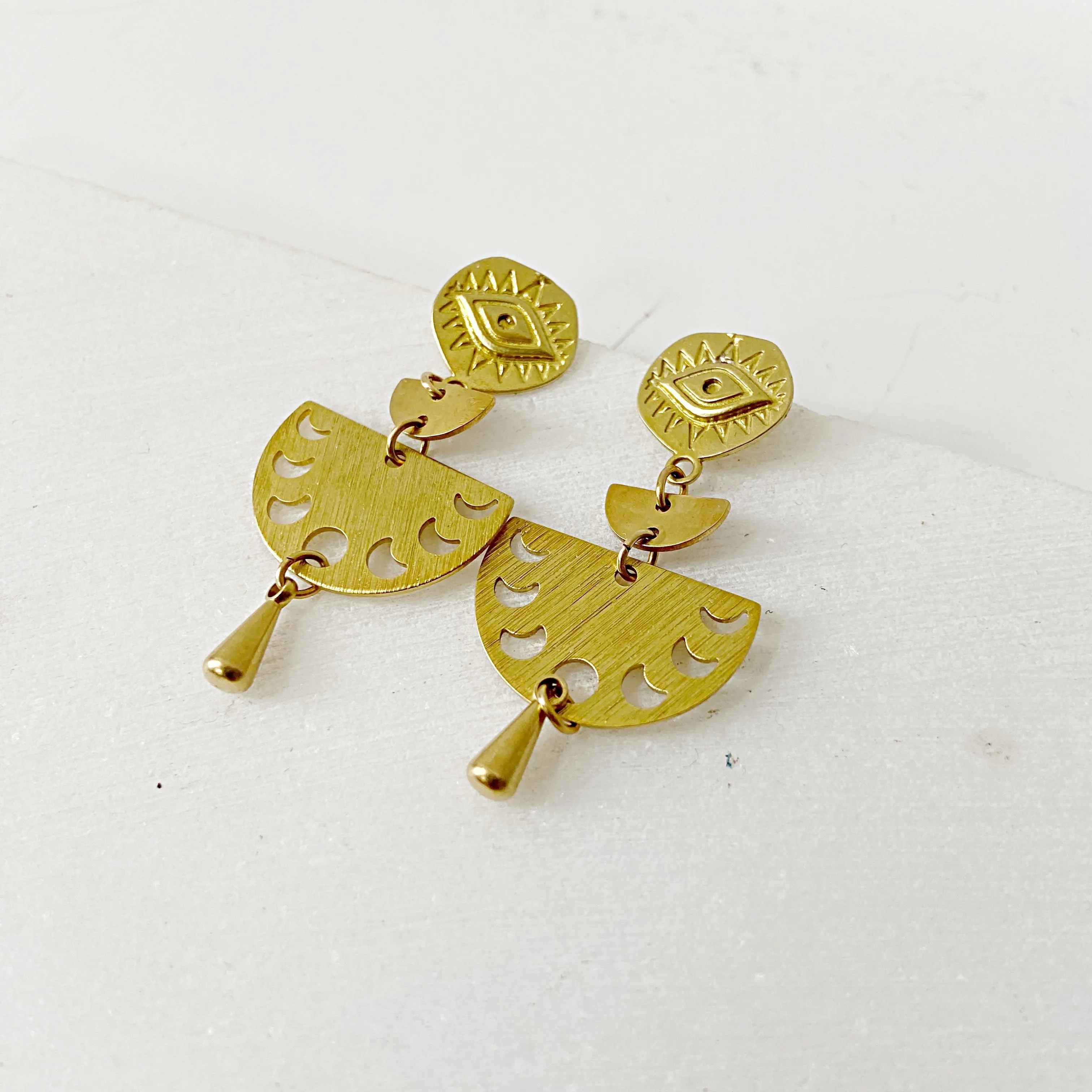 Evil Eyes & Moon Phase Earrings / Brass Geometric Earrings