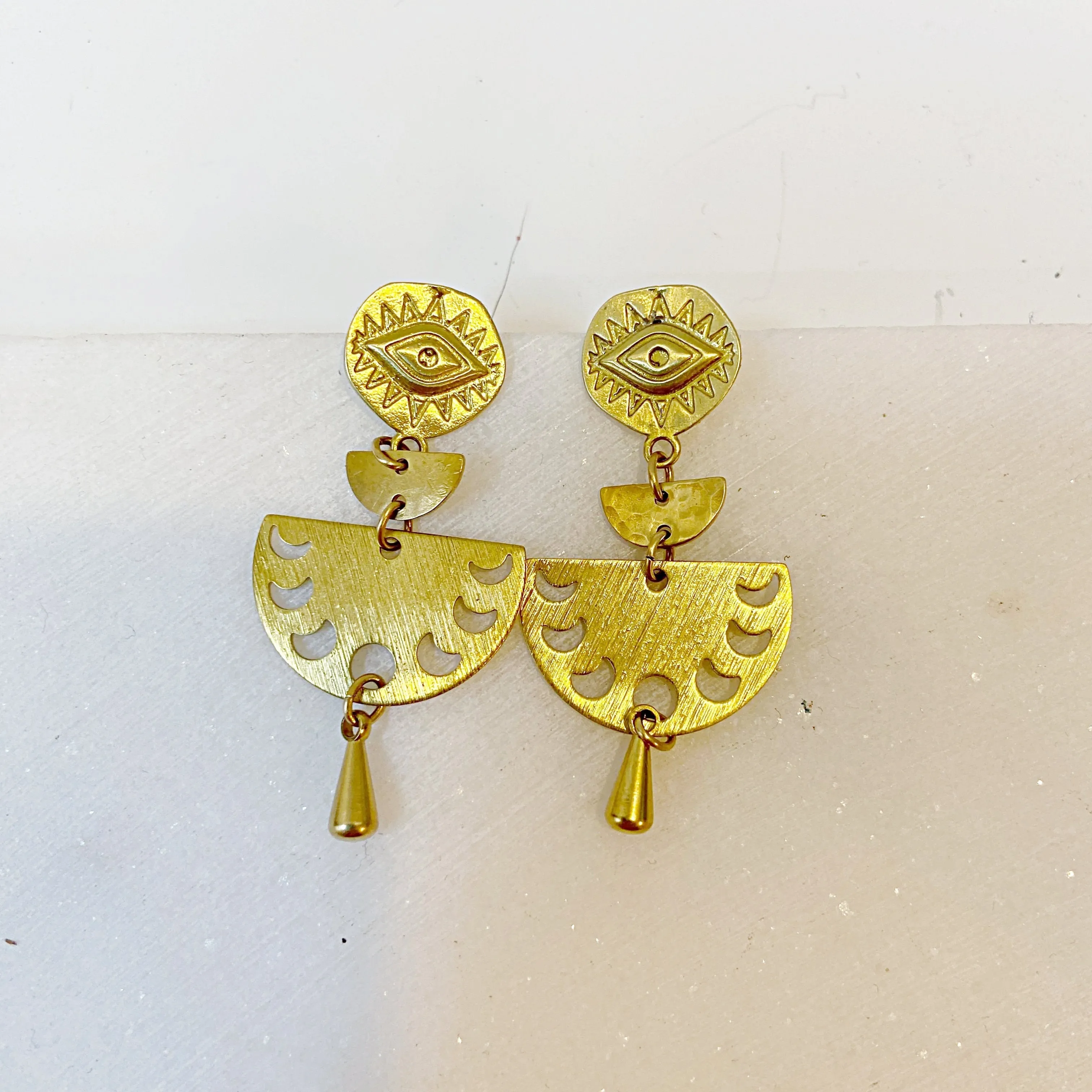 Evil Eyes & Moon Phase Earrings / Brass Geometric Earrings
