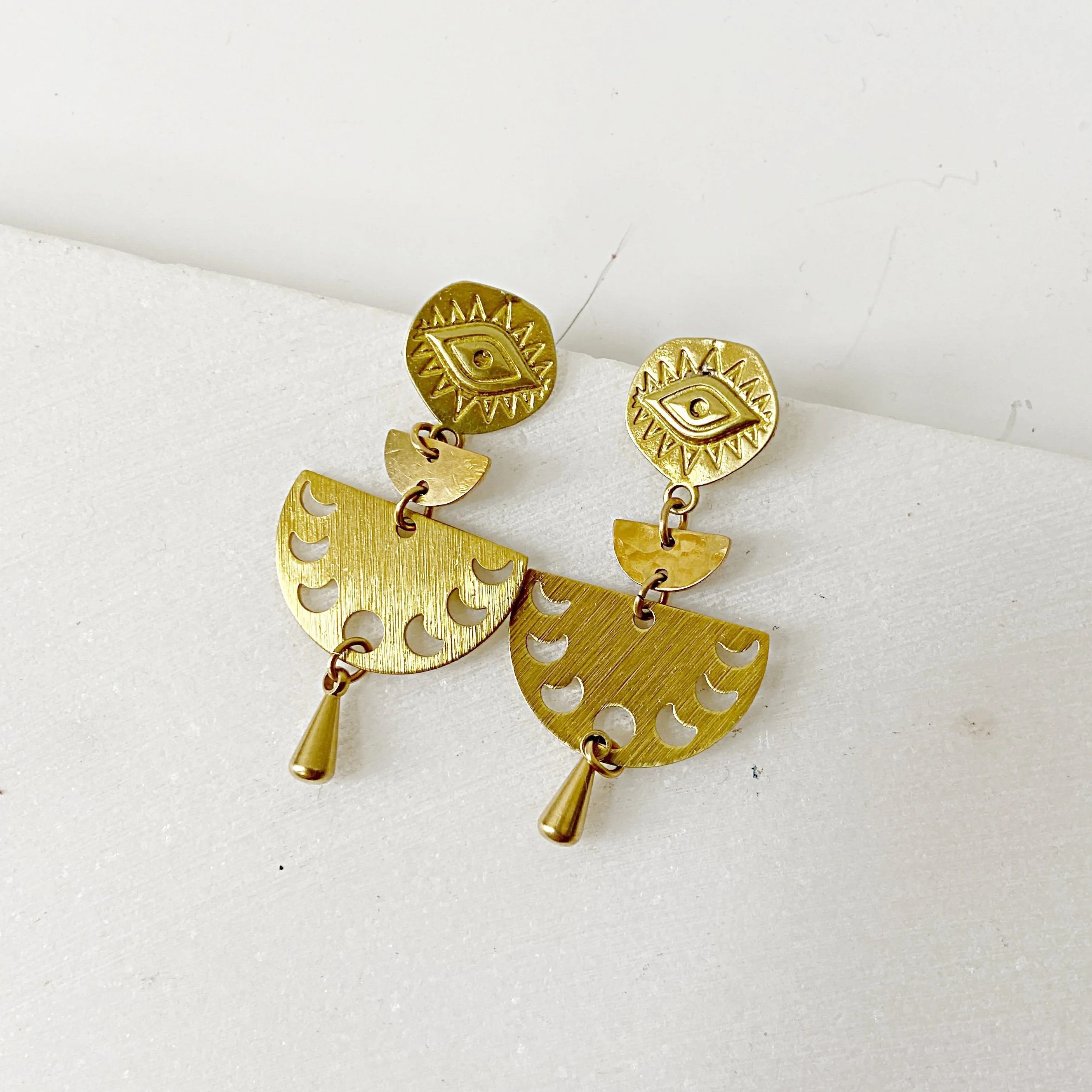 Evil Eyes & Moon Phase Earrings / Brass Geometric Earrings