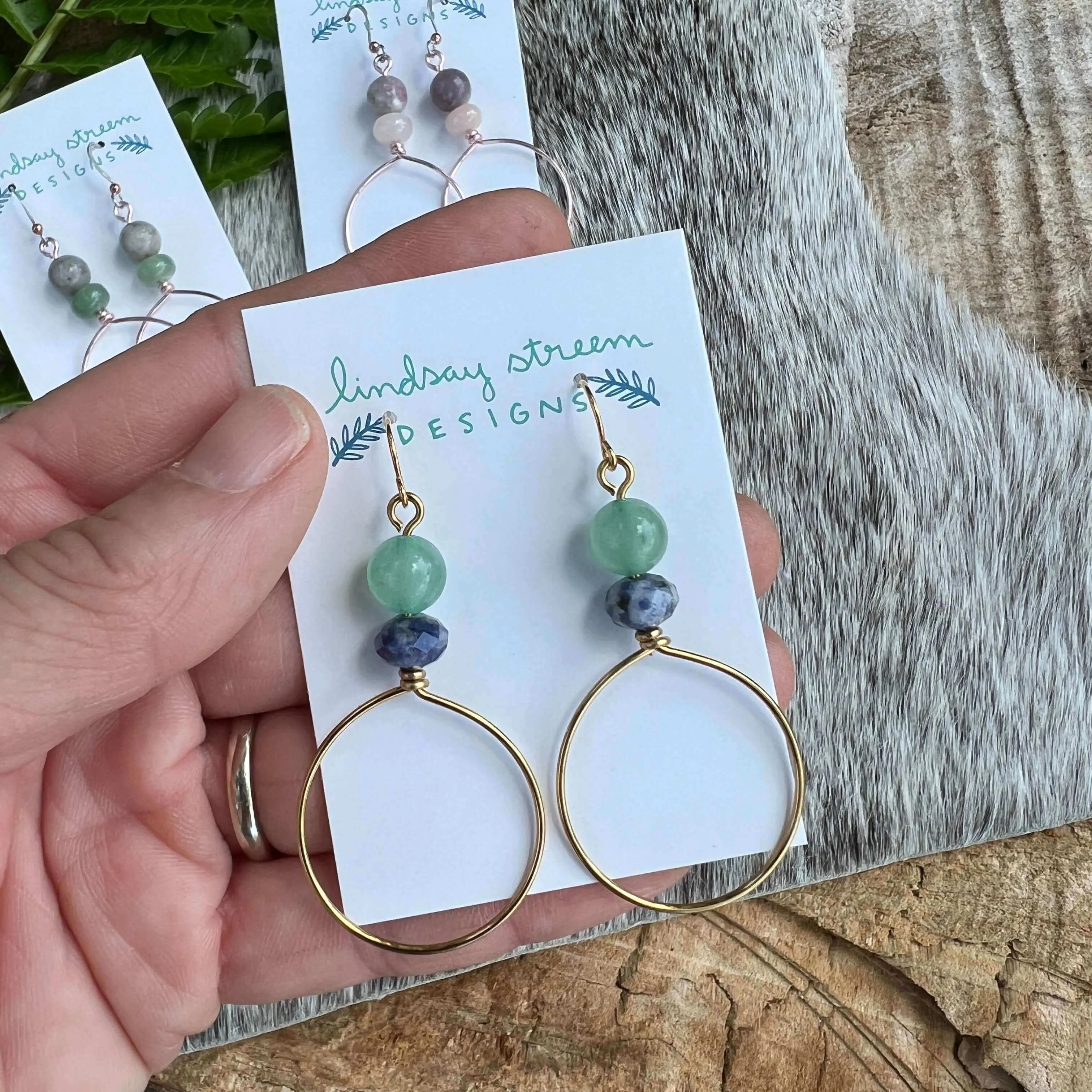 Festival Hoop Earrings - Rose Gold with Feldspar & Green Aventurine