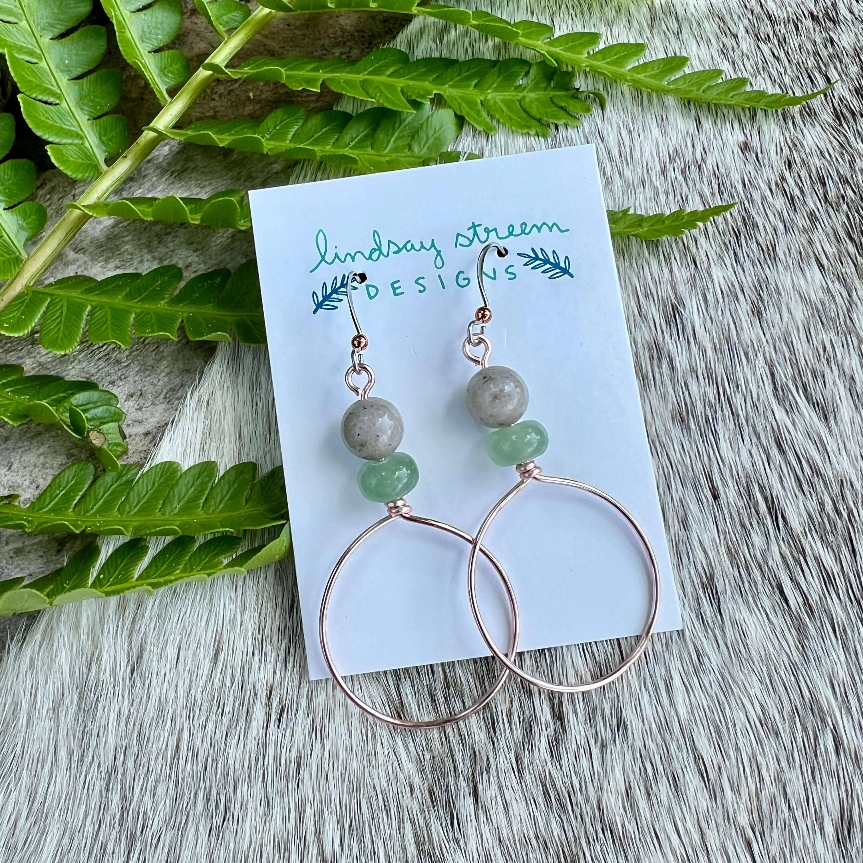 Festival Hoop Earrings - Rose Gold with Feldspar & Green Aventurine