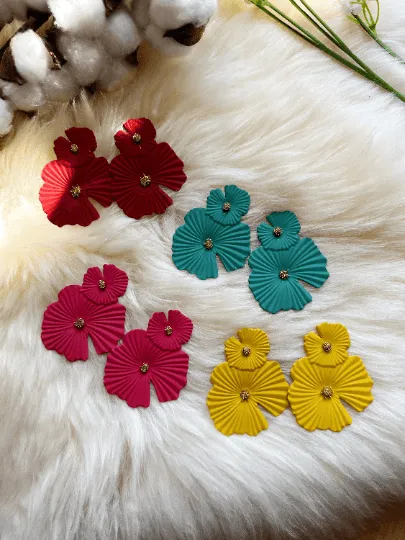 Flower petal leaf colouful statement earrings | dangly drop earrings | oversize floral earrings | lightweight party earrings