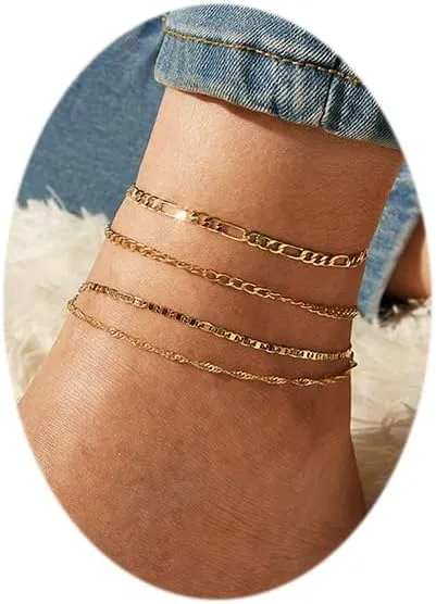 Gold Ankle Bracelets for Women 14K Gold Plated Layered Cuban Chain Anklets Waterproof Simple Link Chain Anklet Set Summer Beach Foot Chain Jewelry Gift