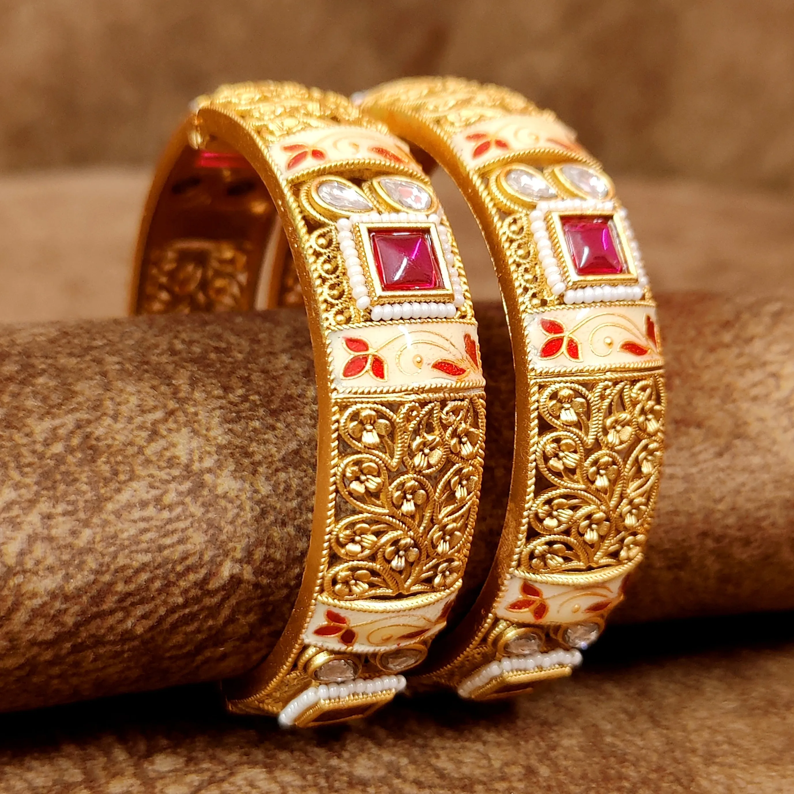 GOLD FINISH MEENAKARI KUNDAN OPENABLE BANGLES