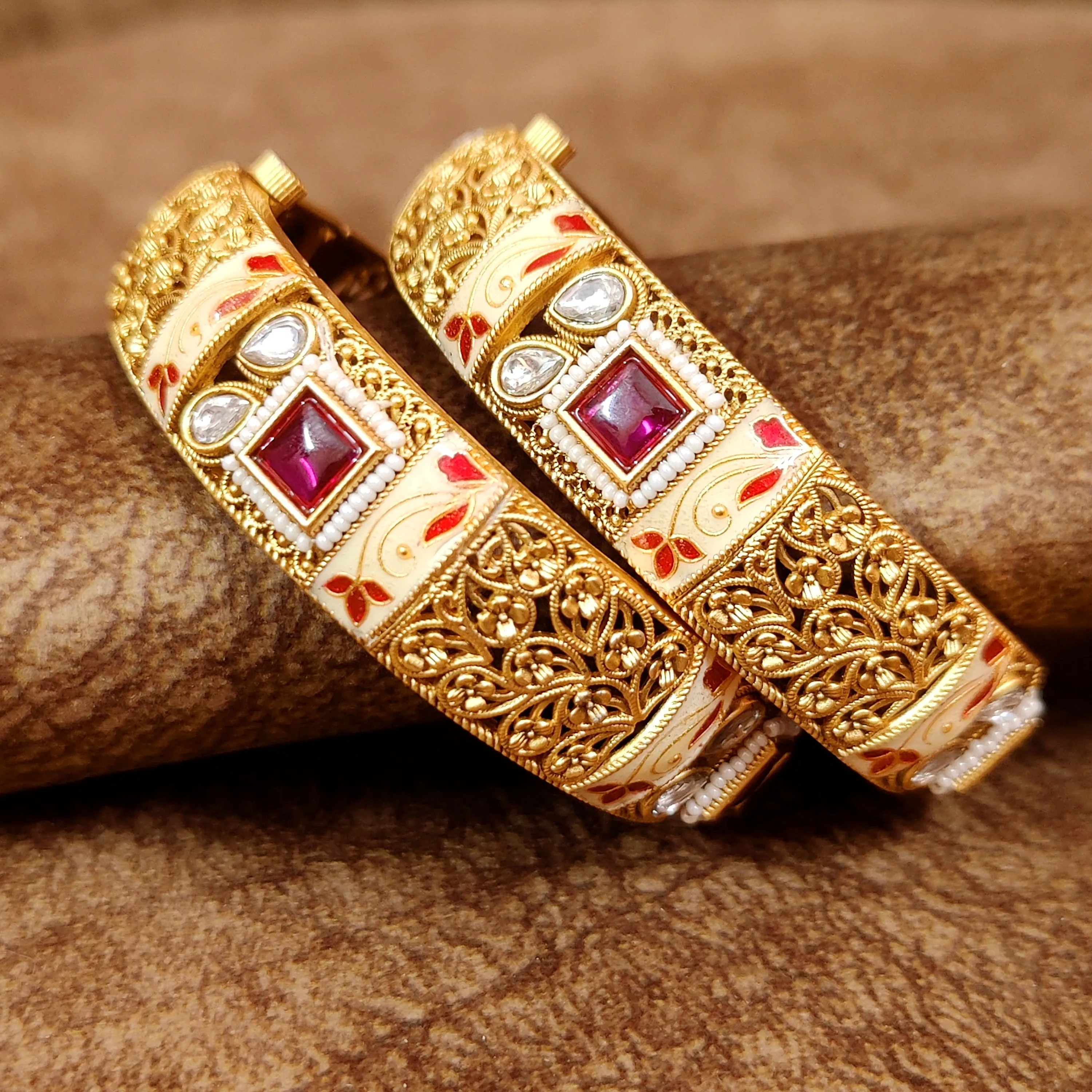 GOLD FINISH MEENAKARI KUNDAN OPENABLE BANGLES