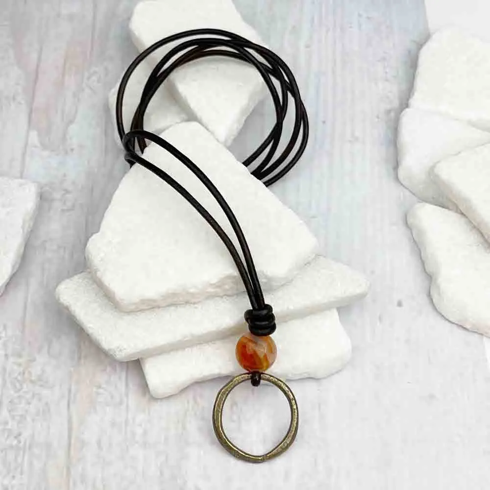 Gold to Bronze Celtic Ring Money & Multi Colored Carnelian Leather Necklace | Artifact #7154