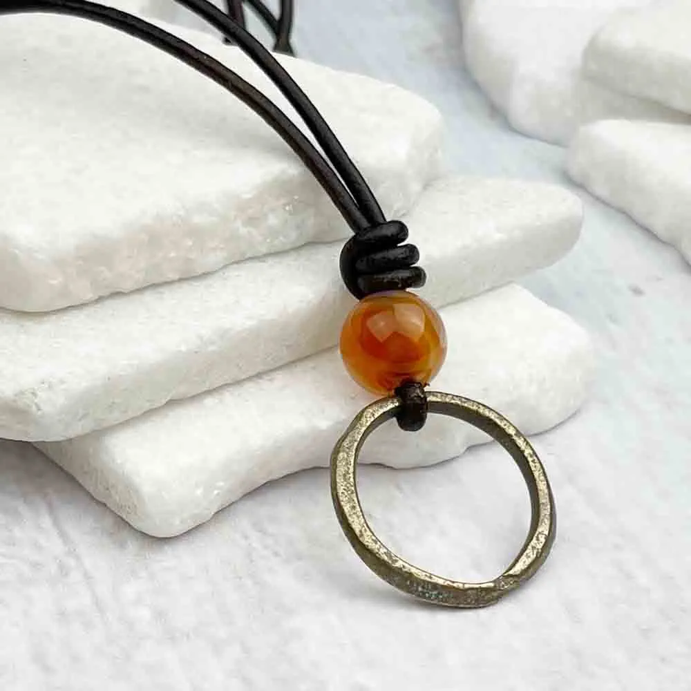 Gold to Bronze Celtic Ring Money & Multi Colored Carnelian Leather Necklace | Artifact #7154