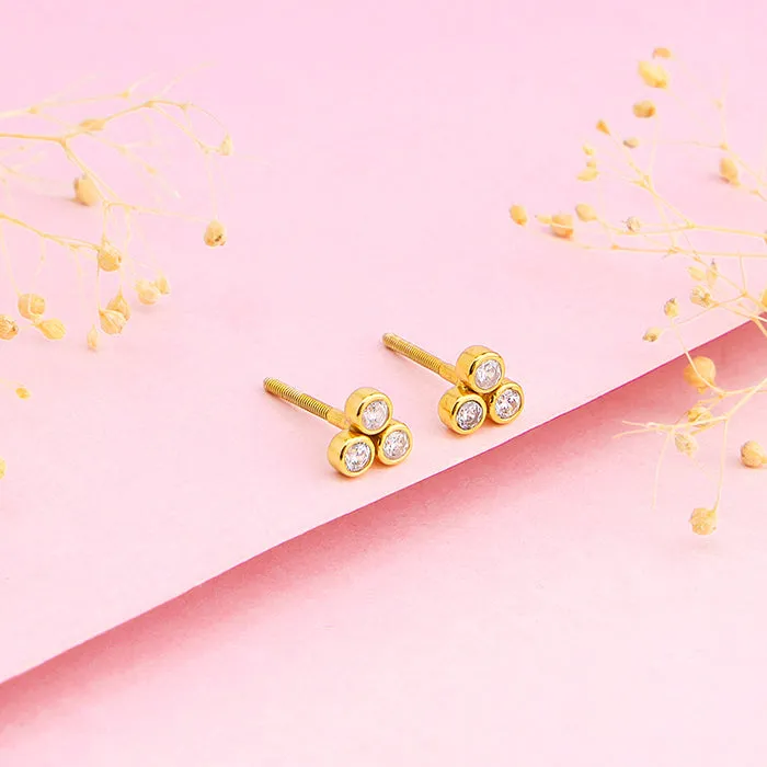 Golden Three-Stoned Stud  Earrings