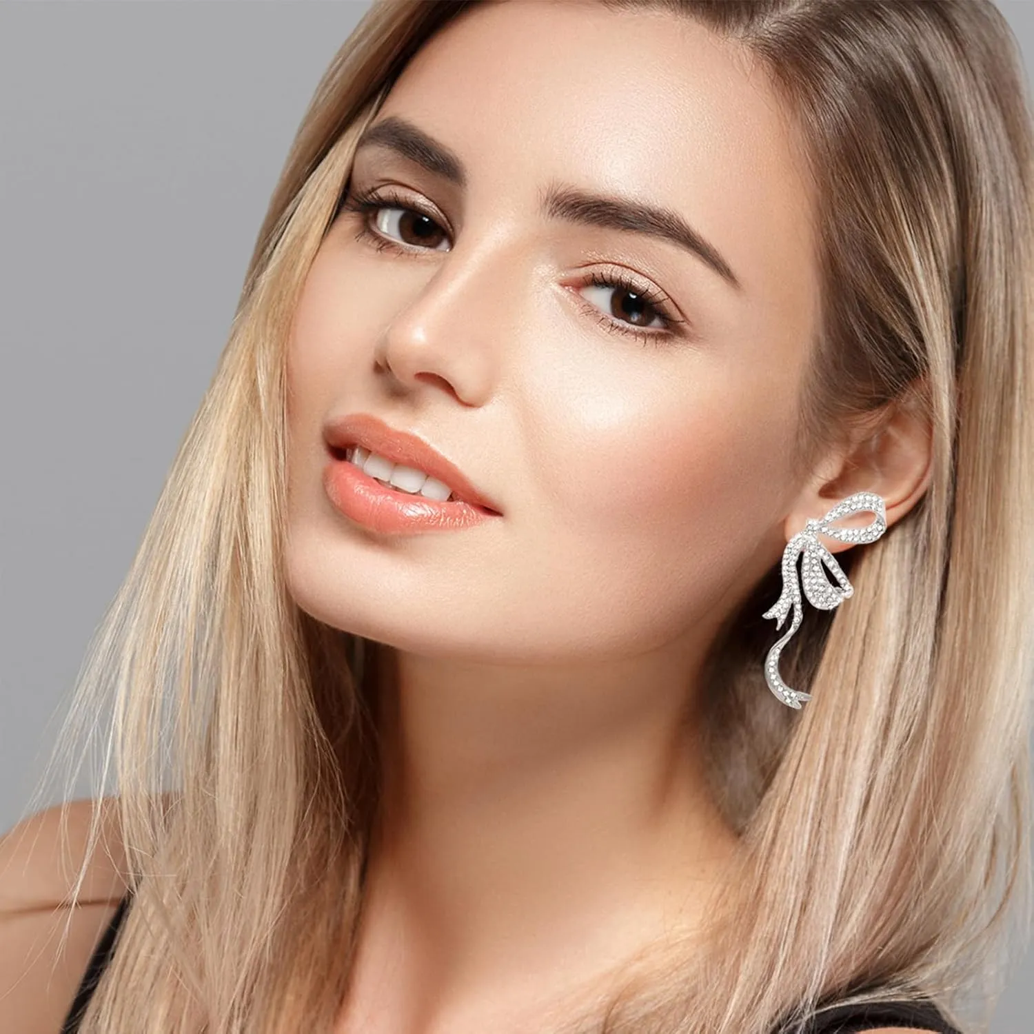 Gold/Silver/Pink Bow Earrings for Women, Cute Crystal Ribbon Stud S925 Silver Post, Trendy Rhinestone Minimalist Small Jewelry for Prom Birthday Party