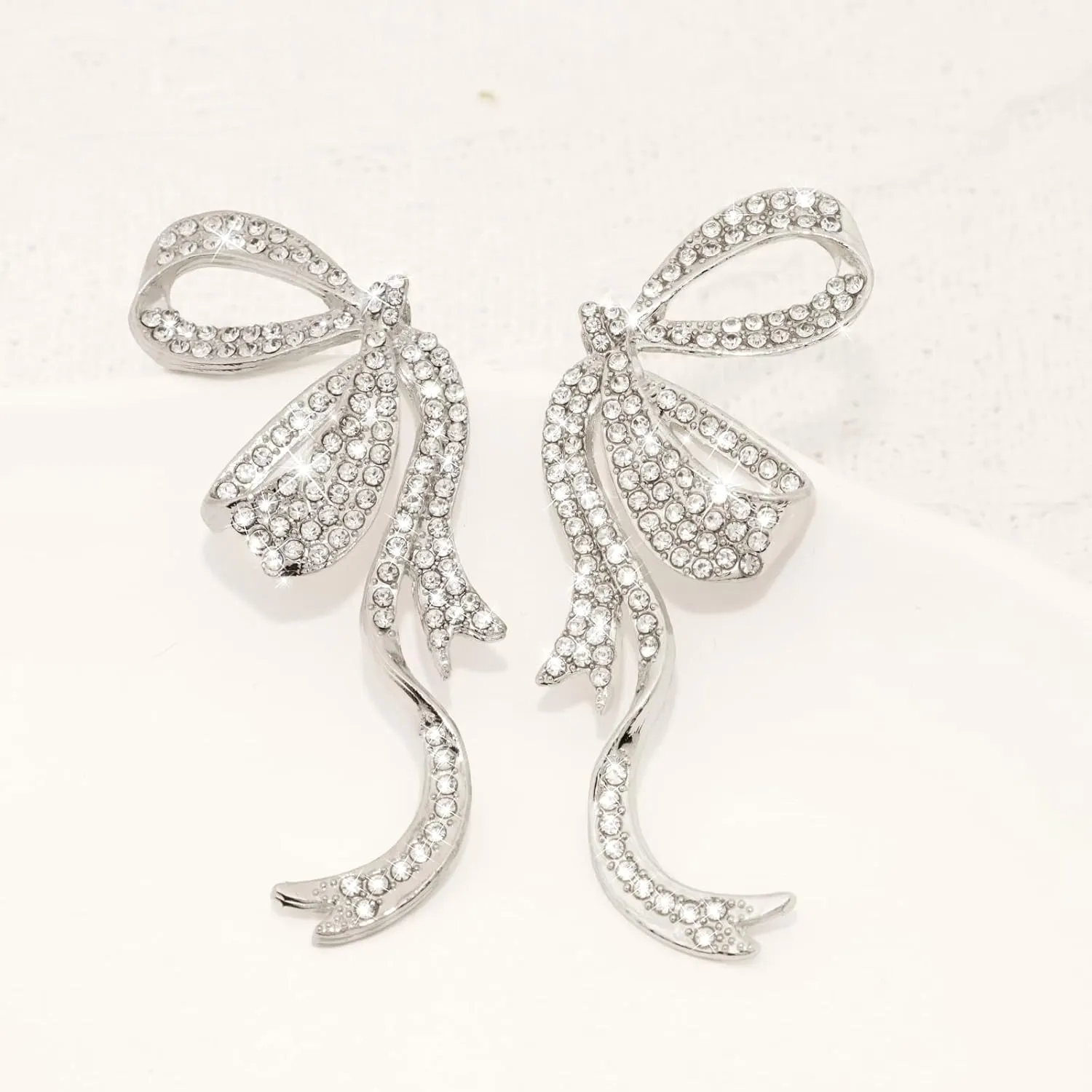 Gold/Silver/Pink Bow Earrings for Women, Cute Crystal Ribbon Stud S925 Silver Post, Trendy Rhinestone Minimalist Small Jewelry for Prom Birthday Party