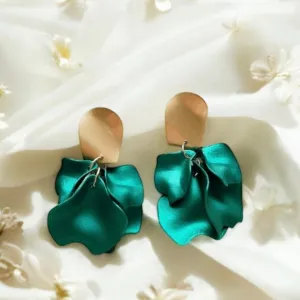 Green - Emerald green iridescent flower earrings |dangly earrings | frosted petals hoop statement earrings | unique gold geometric floral earrings