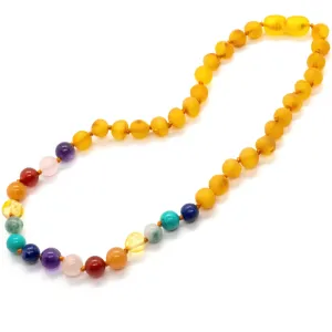 Half Baltic Amber Necklace 12.5 Rainbow Raw Honey Pink Amethyst