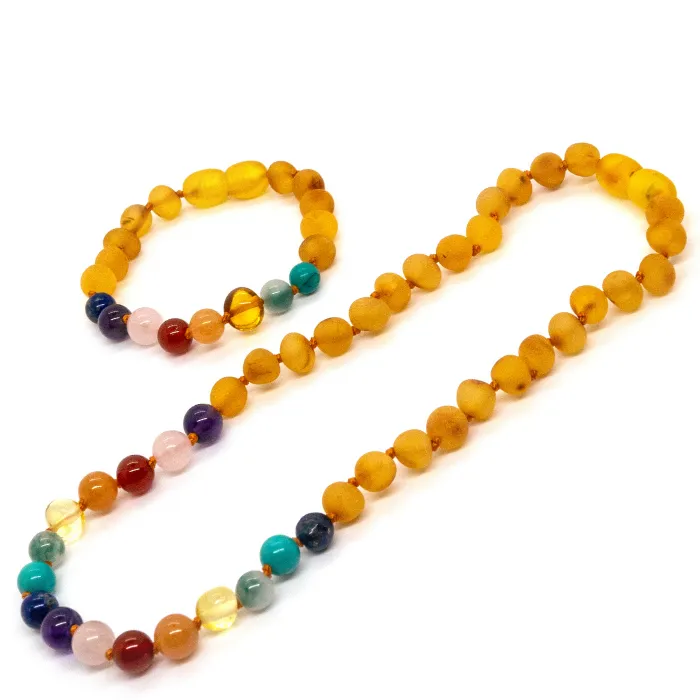 Half Baltic Amber Necklace 12.5 Rainbow Raw Honey Pink Amethyst
