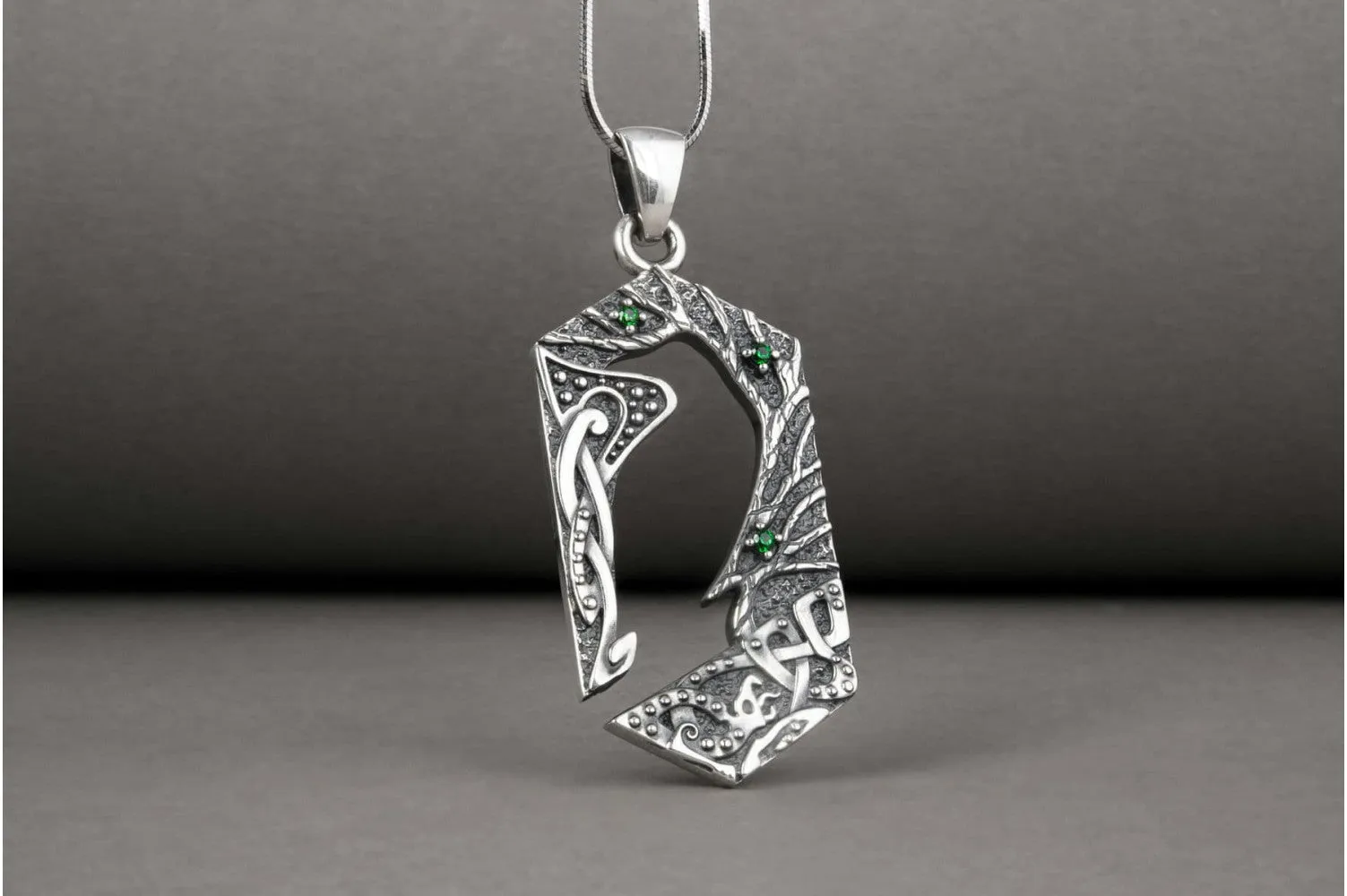 Handcrafted 925 silver Raven pendant with gems and ornament, unique Viking jewelry