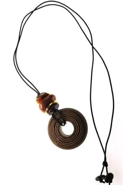 Handmade Long Leather Necklace with Vintage Bead Pendants