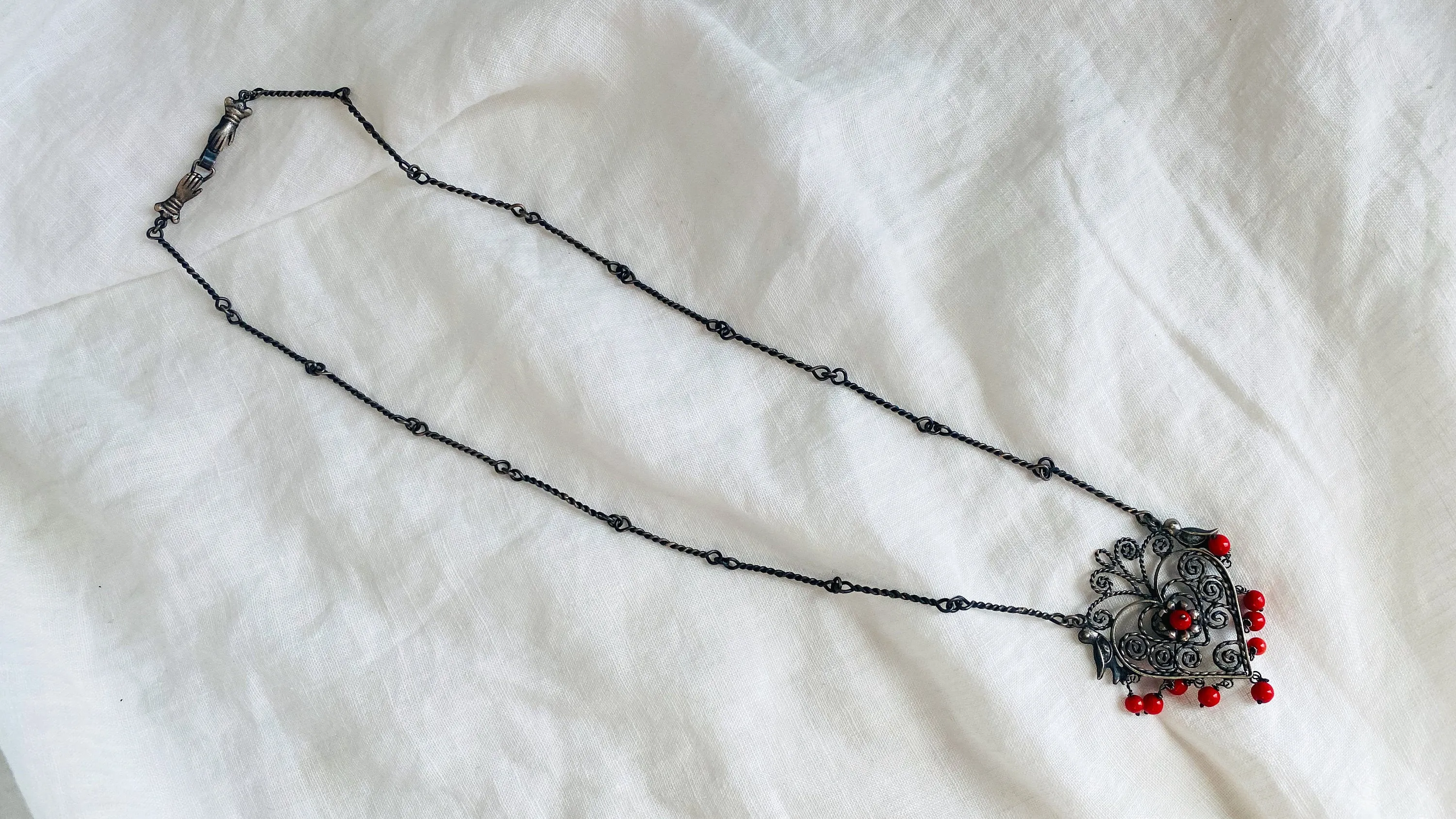 Heart Filigree Necklace. Mexico. Sterling Silver & Coral.