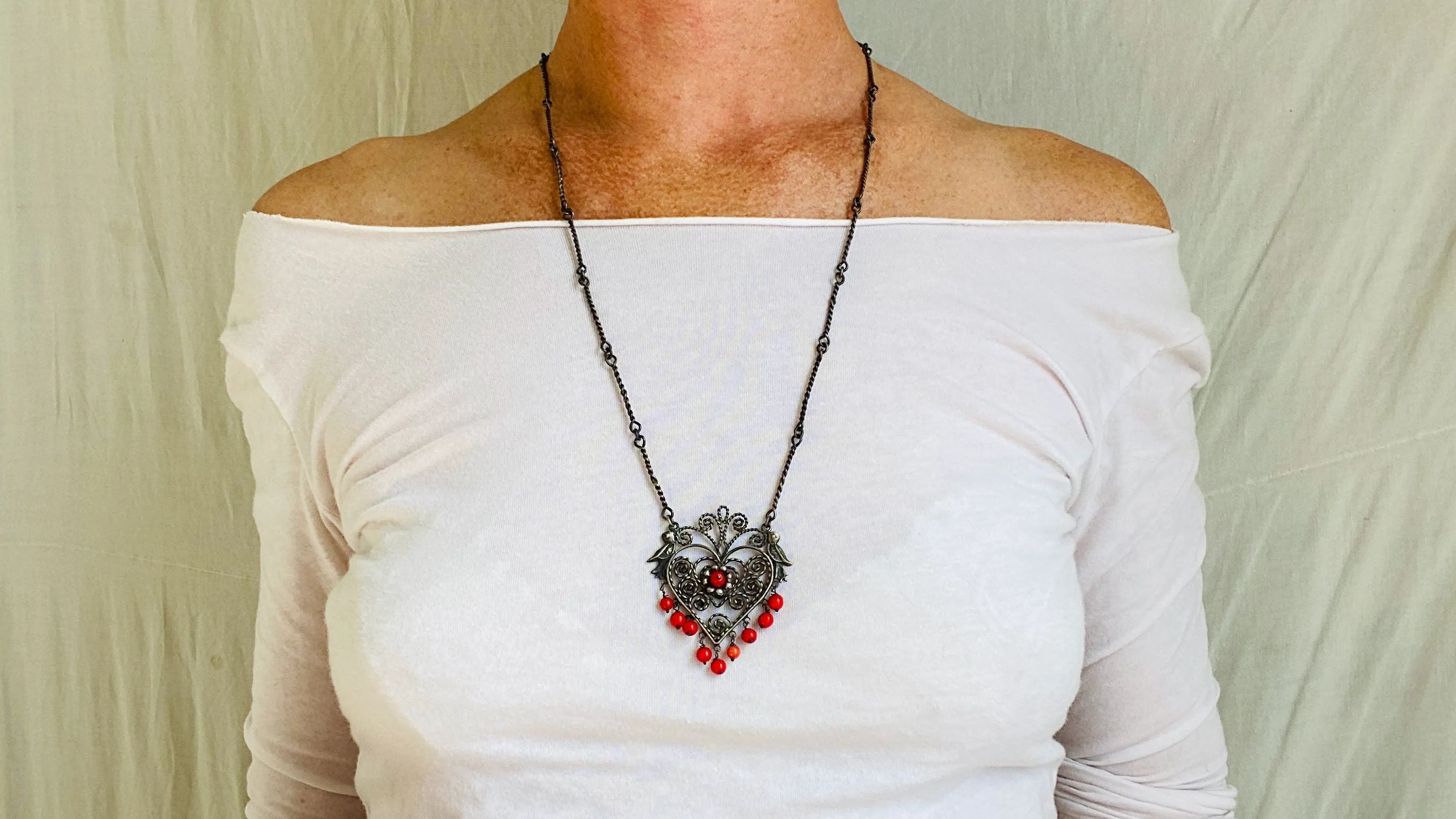 Heart Filigree Necklace. Mexico. Sterling Silver & Coral.