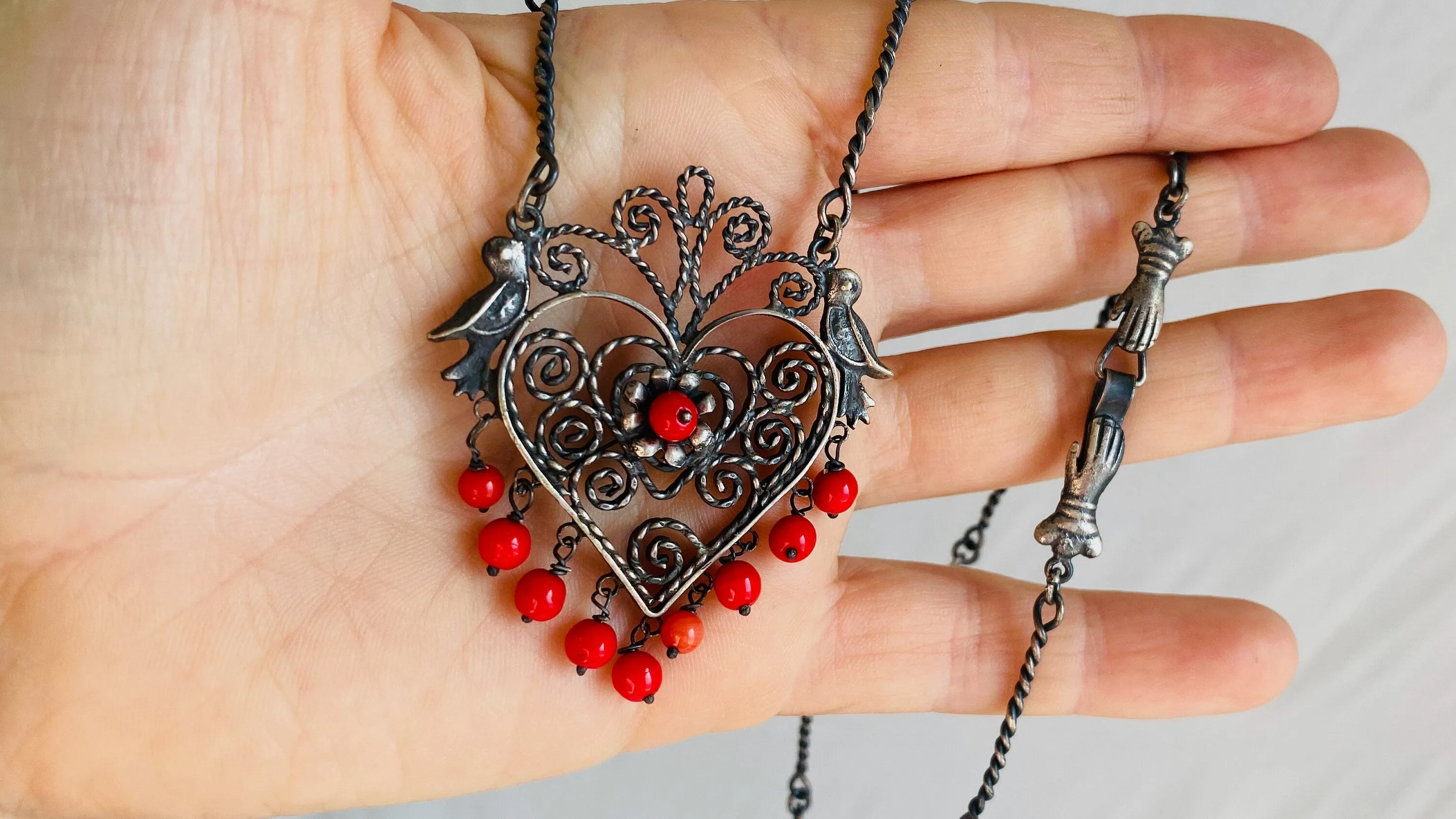 Heart Filigree Necklace. Mexico. Sterling Silver & Coral.