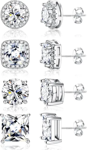 Hypoallergenic Stud Earrings for Women Men - 925 Sterling Silver Earrings for Sensitive Ears - 6/8/10mm Cubic Zirconia Earrings Studs-18K Gold Plated Simulated Diamond CZ Halo Earrings 2/4Pairs