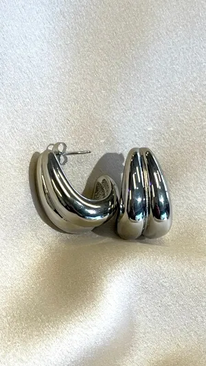 Jackie Silver Large Shiny Double Layer Style Earrings