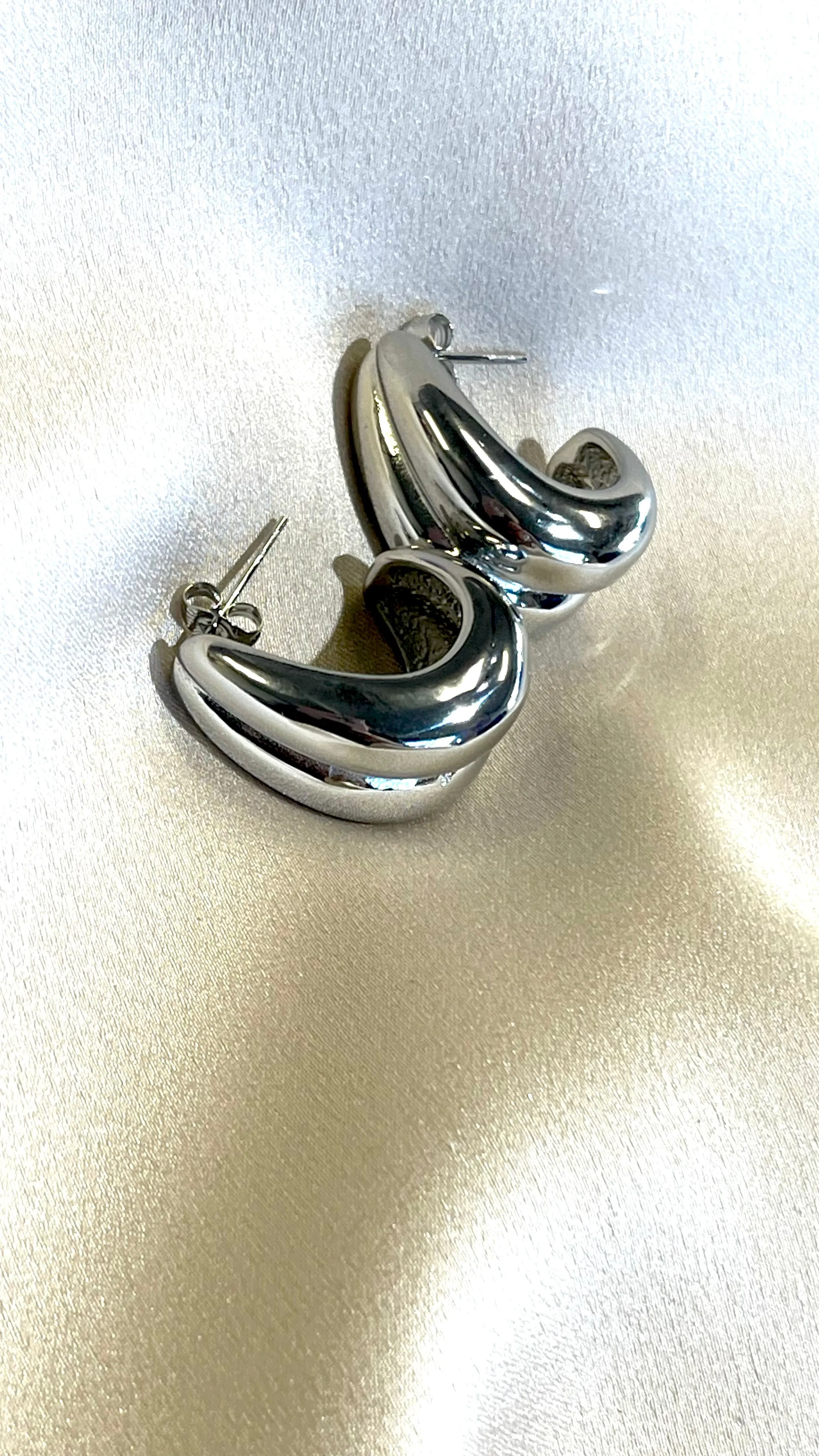 Jackie Silver Large Shiny Double Layer Style Earrings