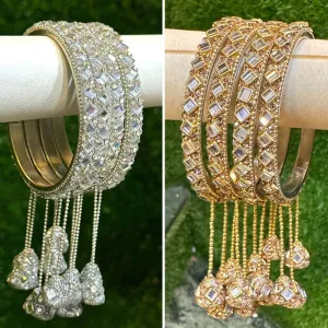Latkan Golden Silver Kundan work 4 Psc hanging Kada ethnic party wear bangles, Latkan bangles, Tassel Bangle, Indian bangles