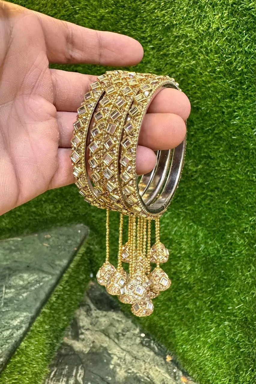 Latkan Golden Silver Kundan work 4 Psc hanging Kada ethnic party wear bangles, Latkan bangles, Tassel Bangle, Indian bangles
