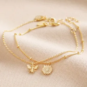 Lisa Angel- Set of 2 Daisy and Bee Chain Bracelets in Gold