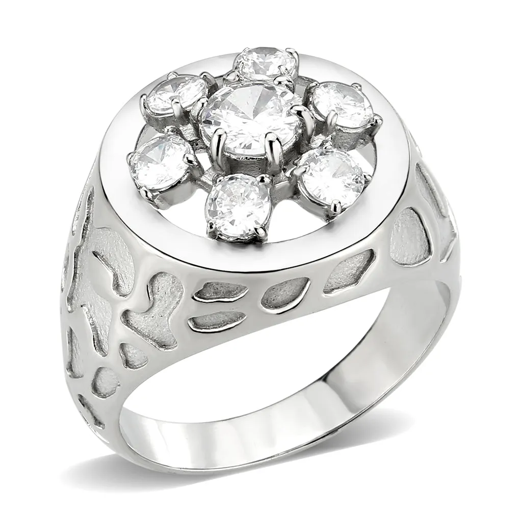 LOVCIA Sleek Stainless Steel Ring with Clear AAA Grade CZ Round Stone