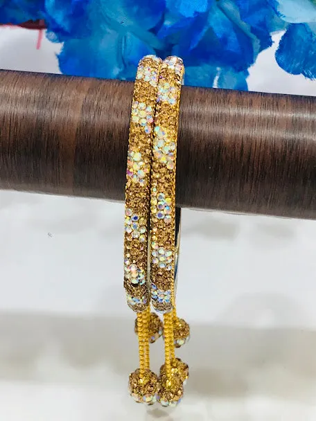 Luxurious Gold And White Colored With Beaded And Stone Ball Metal Bangle For Women