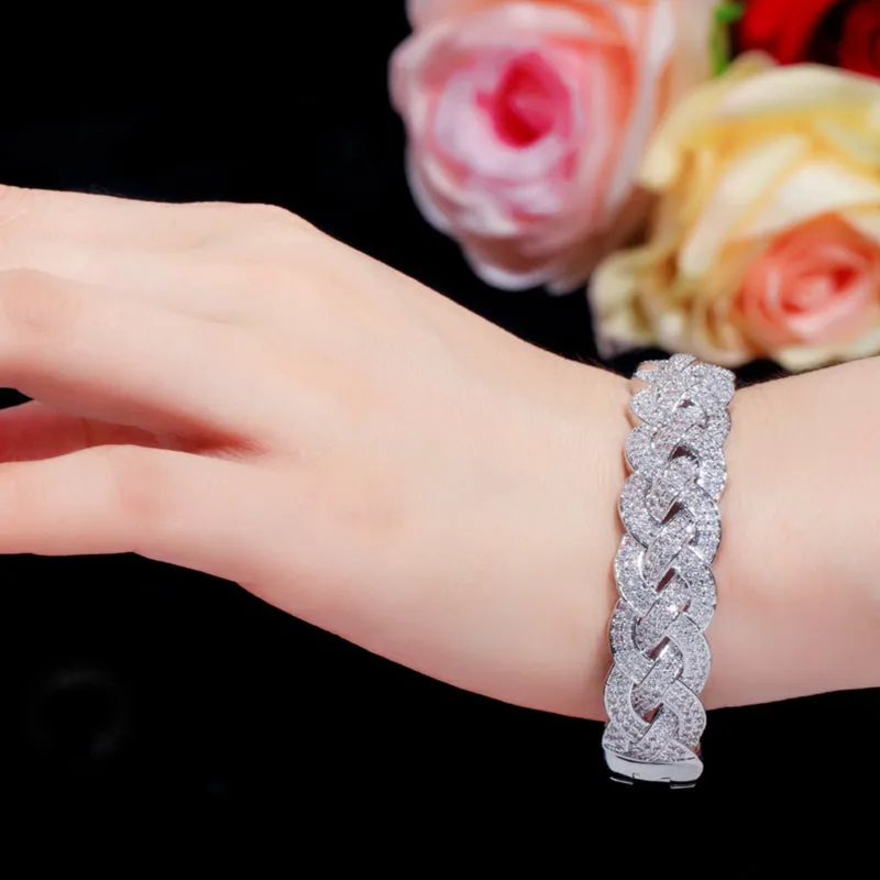 Luxurious Golden Cubic Zircon Paved Round Big Wide Twisted Weaving Bridal Bracelets Bangles