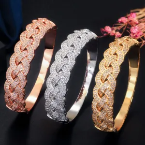 Luxurious Golden Cubic Zircon Paved Round Big Wide Twisted Weaving Bridal Bracelets Bangles