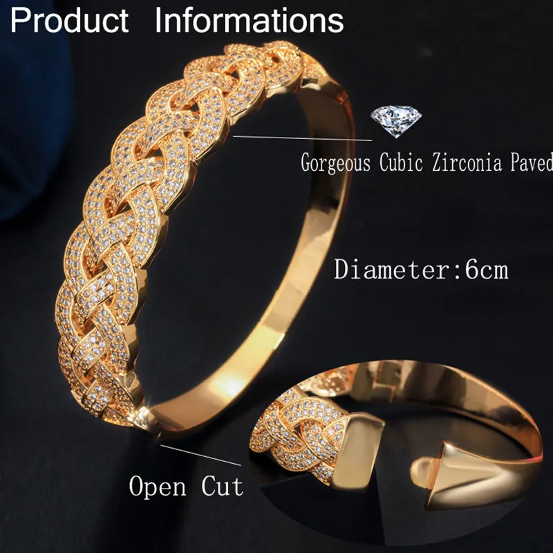 Luxurious Golden Cubic Zircon Paved Round Big Wide Twisted Weaving Bridal Bracelets Bangles