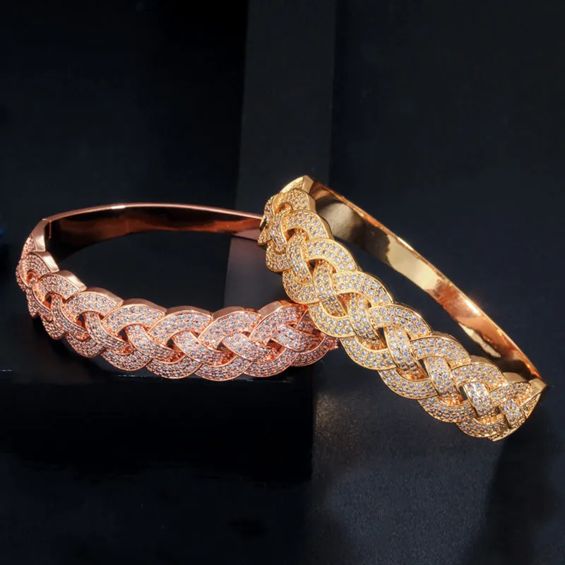 Luxurious Golden Cubic Zircon Paved Round Big Wide Twisted Weaving Bridal Bracelets Bangles