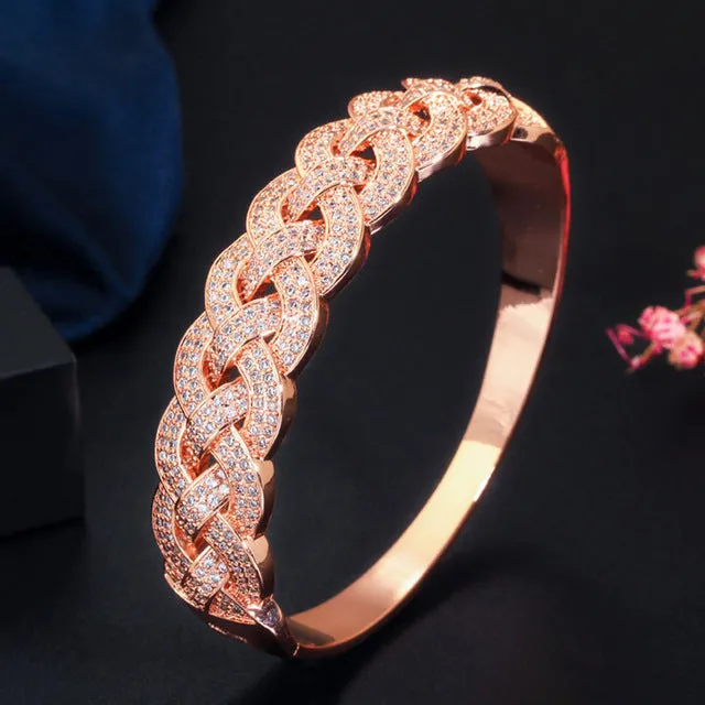 Luxurious Golden Cubic Zircon Paved Round Big Wide Twisted Weaving Bridal Bracelets Bangles