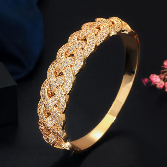 Luxurious Golden Cubic Zircon Paved Round Big Wide Twisted Weaving Bridal Bracelets Bangles