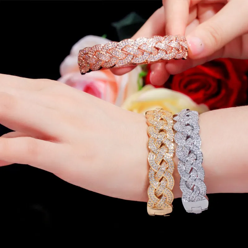 Luxurious Golden Cubic Zircon Paved Round Big Wide Twisted Weaving Bridal Bracelets Bangles