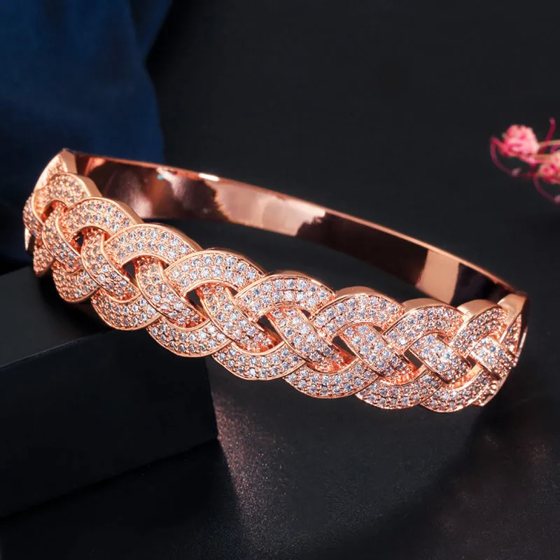 Luxurious Golden Cubic Zircon Paved Round Big Wide Twisted Weaving Bridal Bracelets Bangles
