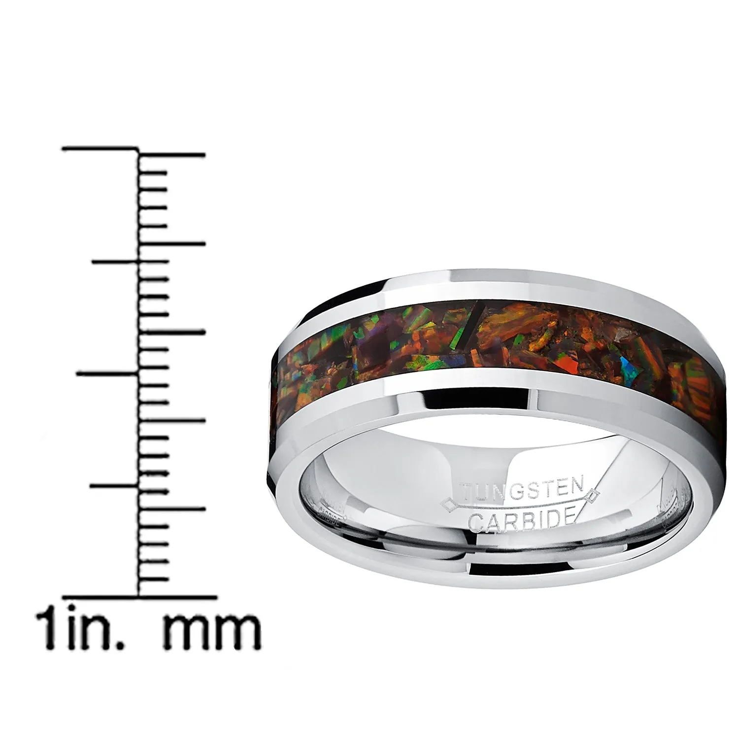 Men's 8MM Tungsten Carbide Wedding Band Ring With Fire Red Simulated Opal Inlay 8MM