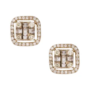 Men's Cushion Baguette & Round Diamond Stud Earrings 0.61ct 14K Yellow Gold