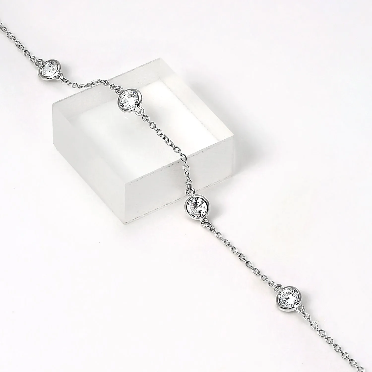 Minimalist Cubic Zirconia Chain Link Bracelet Sterling Silver 7.5 Inch