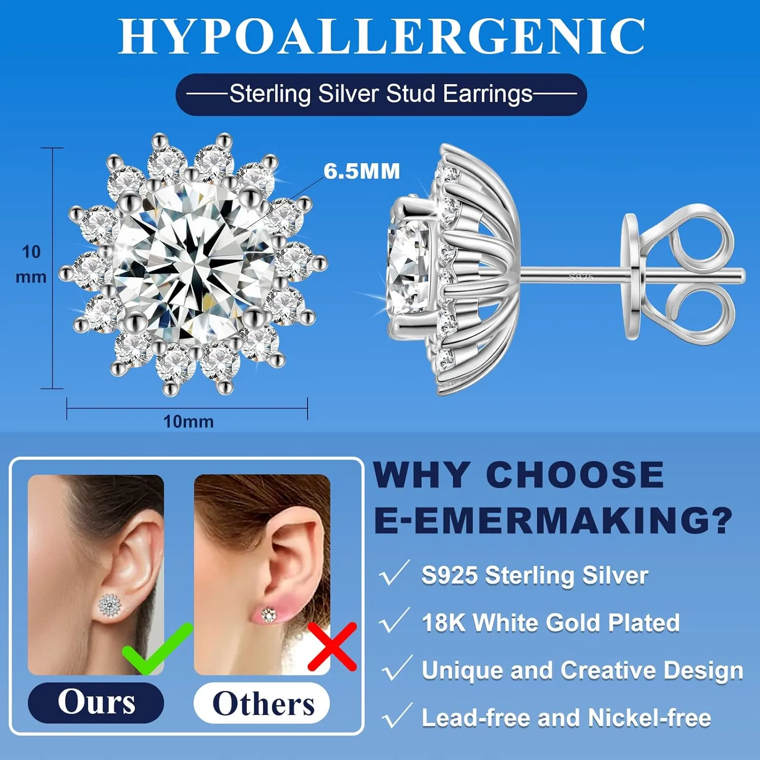 Moissanite Stud Earrings 0.2CT-8.0CT 18K Yellow Gold Plated D Color VVS1 Clarity Brilliant Round Cut S925 Sterling Silver Hypoallergenic Anniversary Day Gifts for Women Men