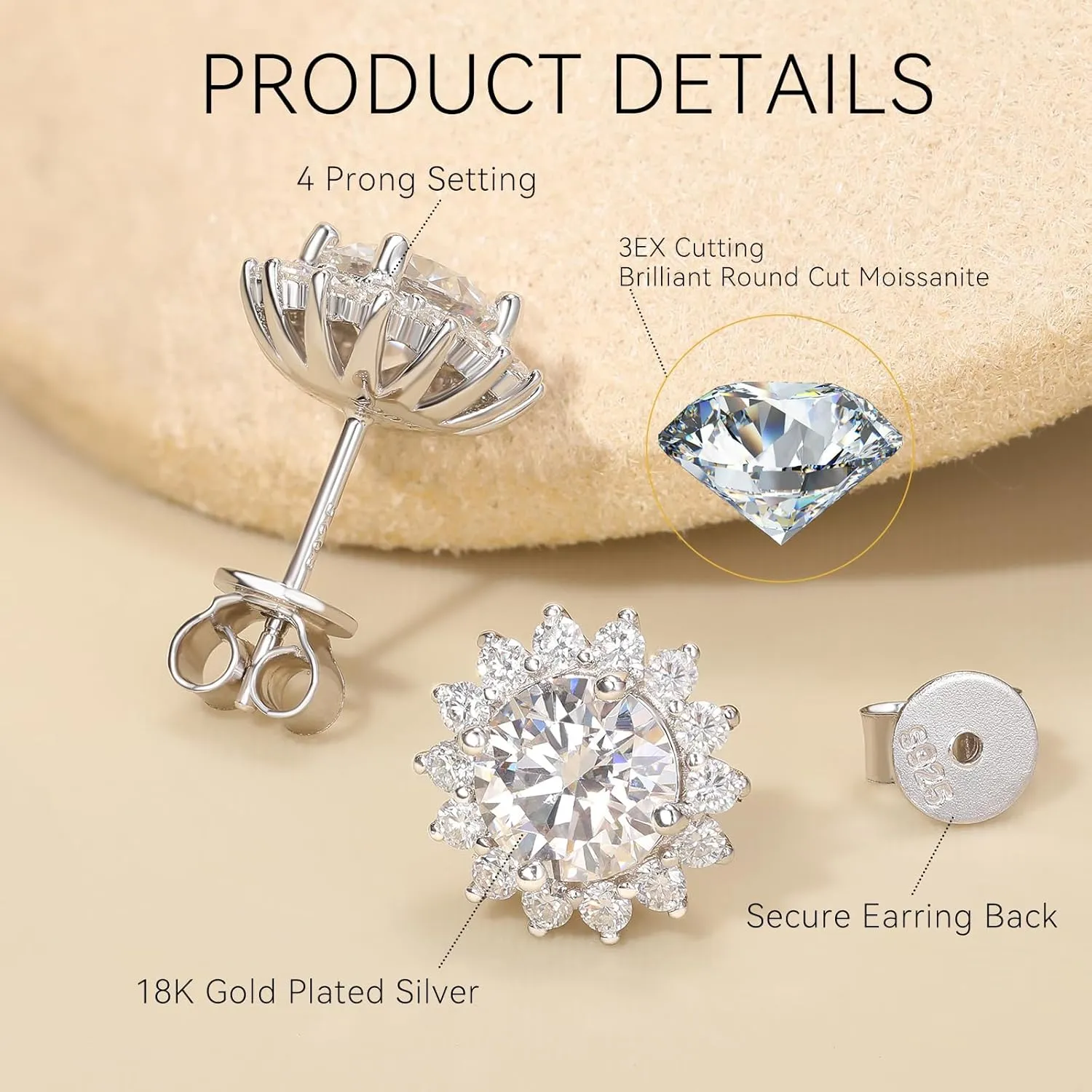 Moissanite Stud Earrings 0.2CT-8.0CT 18K Yellow Gold Plated D Color VVS1 Clarity Brilliant Round Cut S925 Sterling Silver Hypoallergenic Anniversary Day Gifts for Women Men