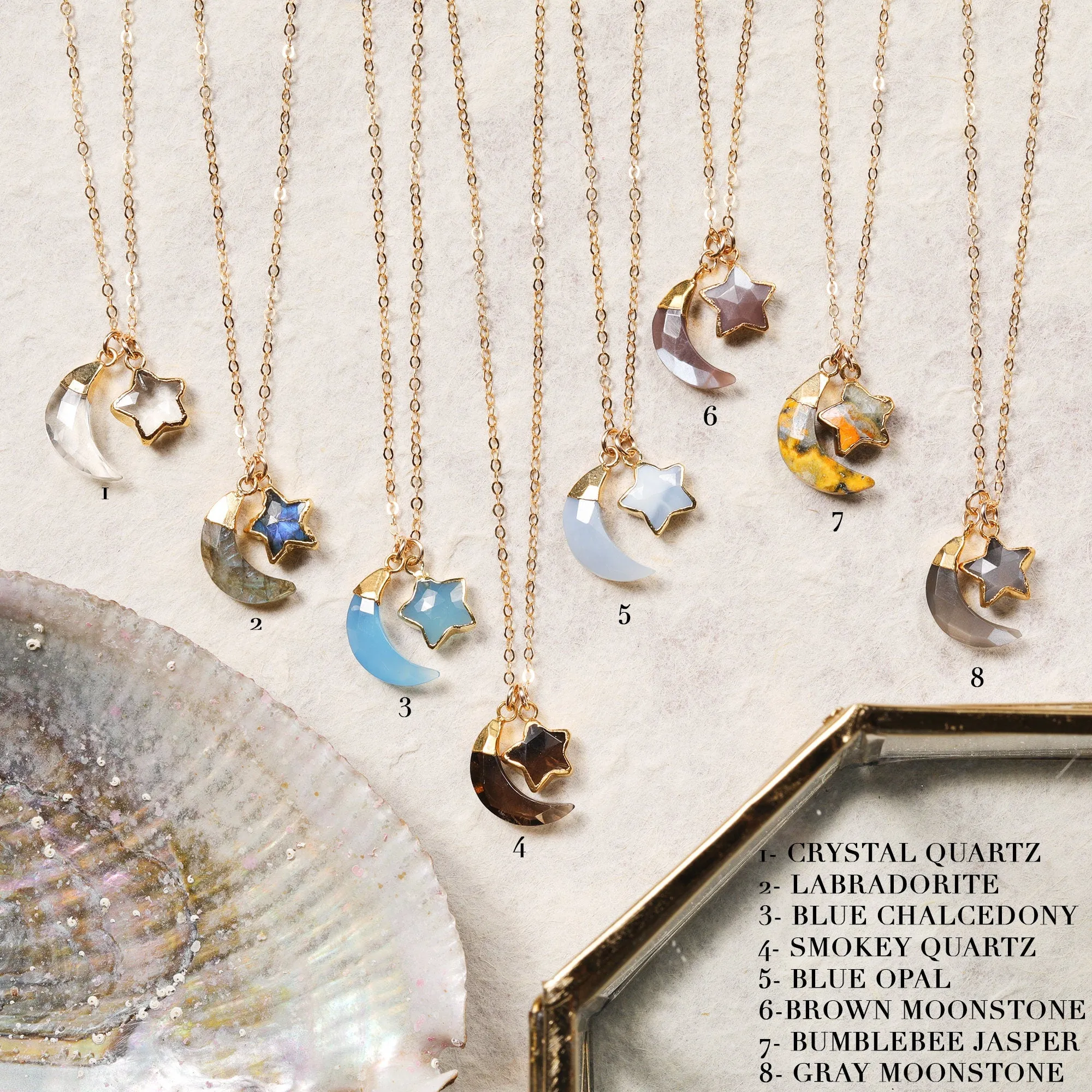 Moon and Star Gemstone Gold Pendant Necklaces