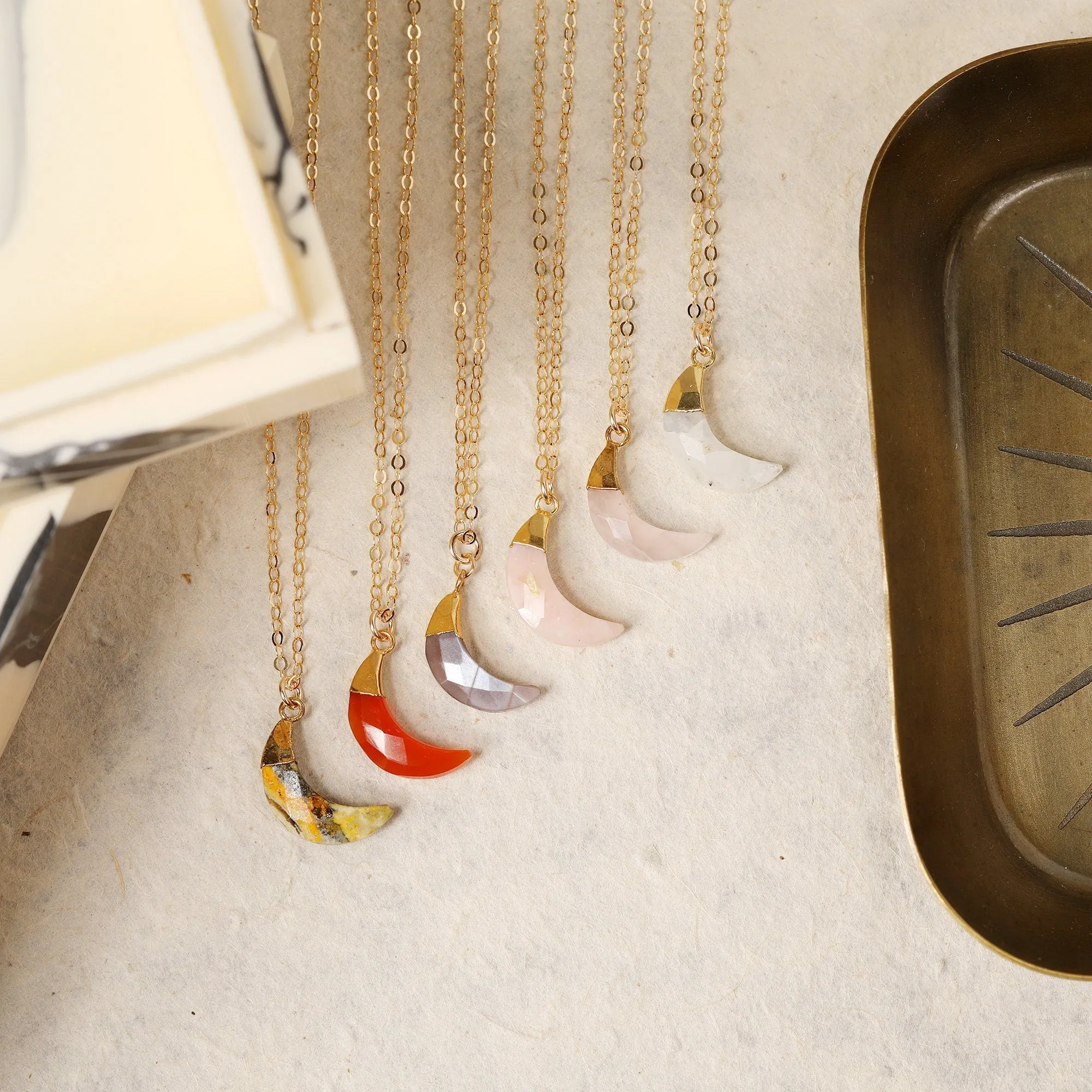 Moon Shape Gemstone Gold Pedant Necklaces