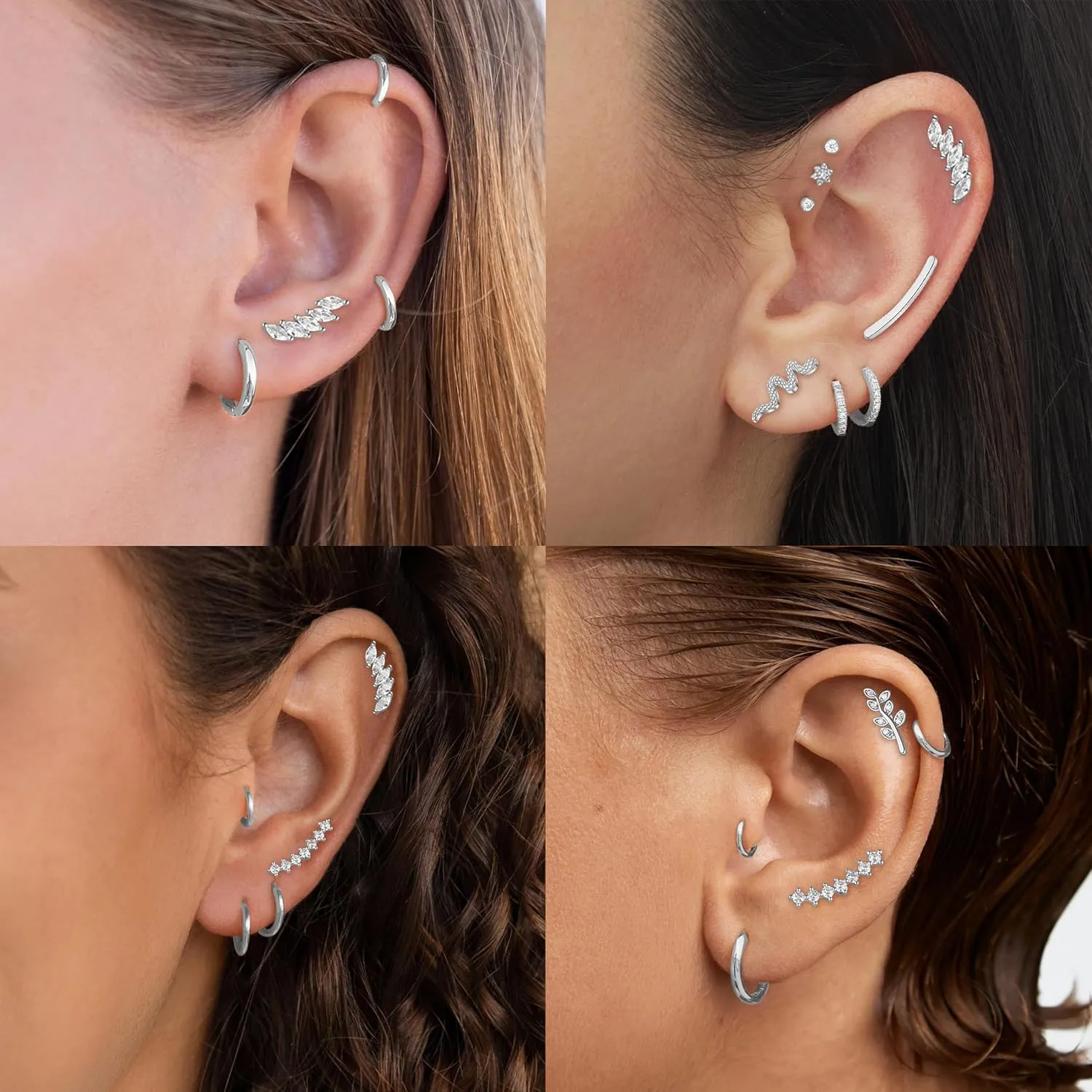 MOZAKA 10 PCS 16G Cartilage Earrings Helix Piercing Jewelry for Women Stainless Steel Opal CZ Conch Daith Tragus Piercing Jewelry Flower Snake Leaf Screw Back Stud Earrings Set