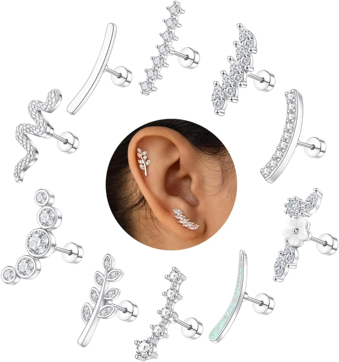 MOZAKA 10 PCS 16G Cartilage Earrings Helix Piercing Jewelry for Women Stainless Steel Opal CZ Conch Daith Tragus Piercing Jewelry Flower Snake Leaf Screw Back Stud Earrings Set