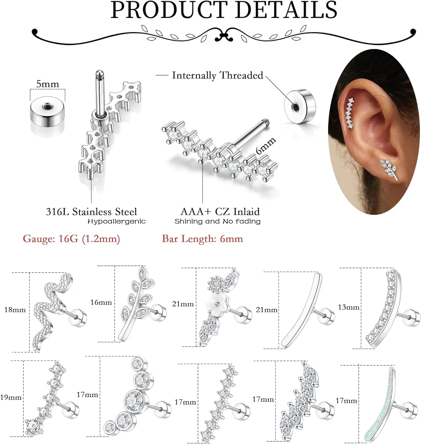 MOZAKA 10 PCS 16G Cartilage Earrings Helix Piercing Jewelry for Women Stainless Steel Opal CZ Conch Daith Tragus Piercing Jewelry Flower Snake Leaf Screw Back Stud Earrings Set