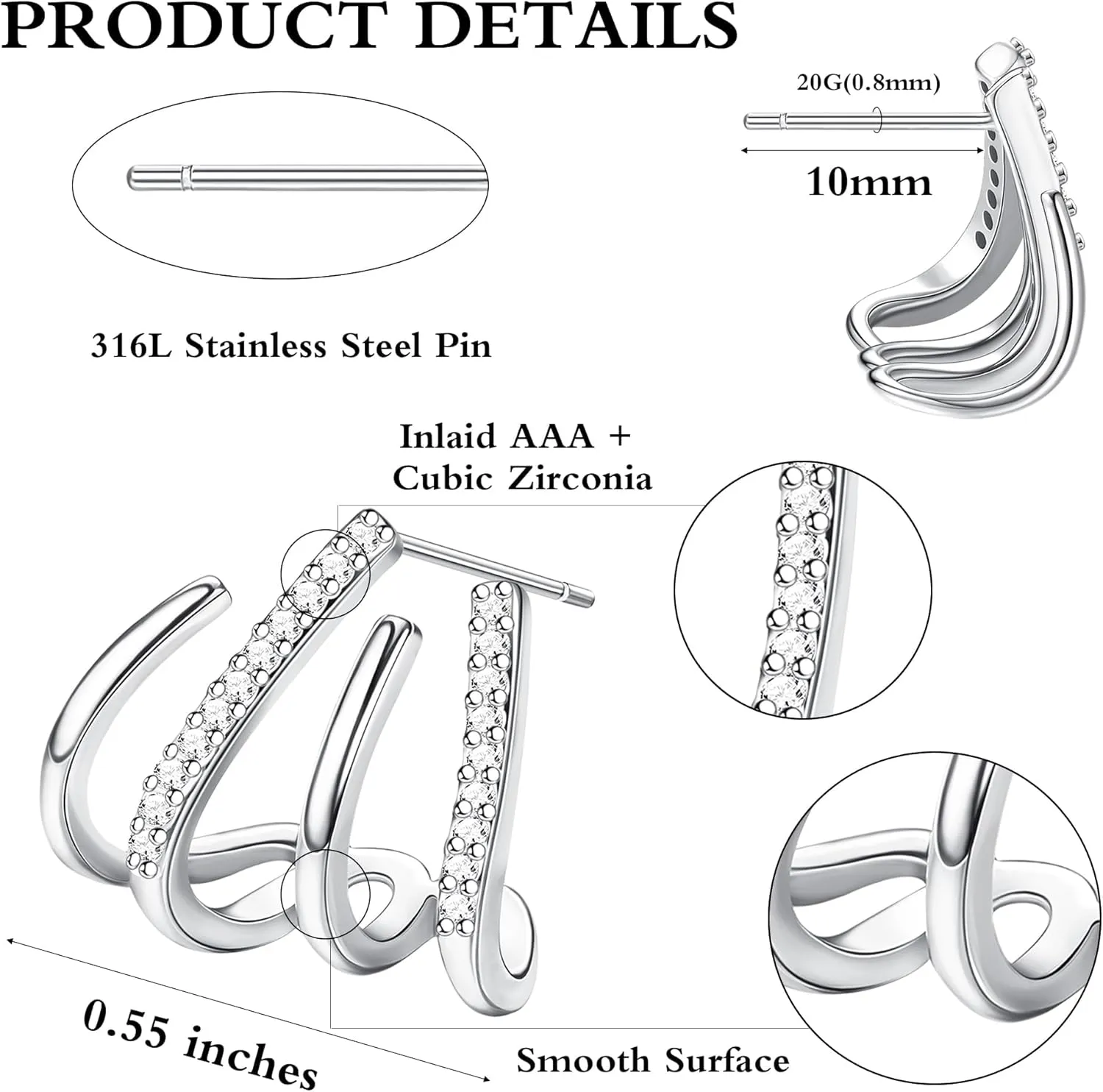 ORAZIO 4 Pairs Claw Earrings for Women CZ Claw Earrings Gold/Silver Stud Earrings Trendy Ear Wrap Piercing Minimalist Illusion Earrings Triple Hoop Earrings Flower Triple Huggie Stud Earrings Warp Cuff Earrings for Women