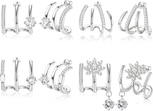 ORAZIO 4 Pairs Claw Earrings for Women CZ Claw Earrings Gold/Silver Stud Earrings Trendy Ear Wrap Piercing Minimalist Illusion Earrings Triple Hoop Earrings Flower Triple Huggie Stud Earrings Warp Cuff Earrings for Women